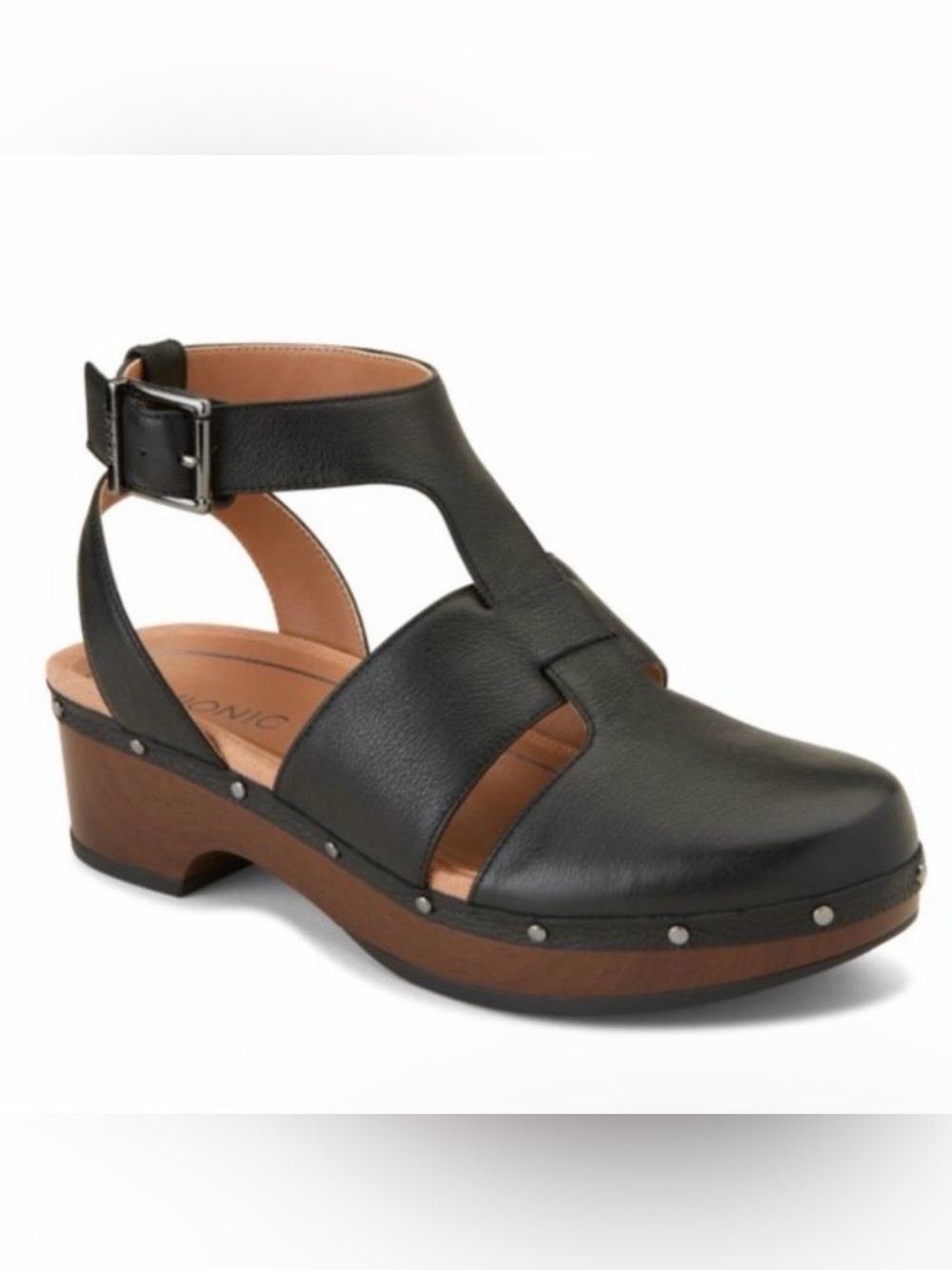 Vionic Faye T Strap Leather Clog Sandals Black 8